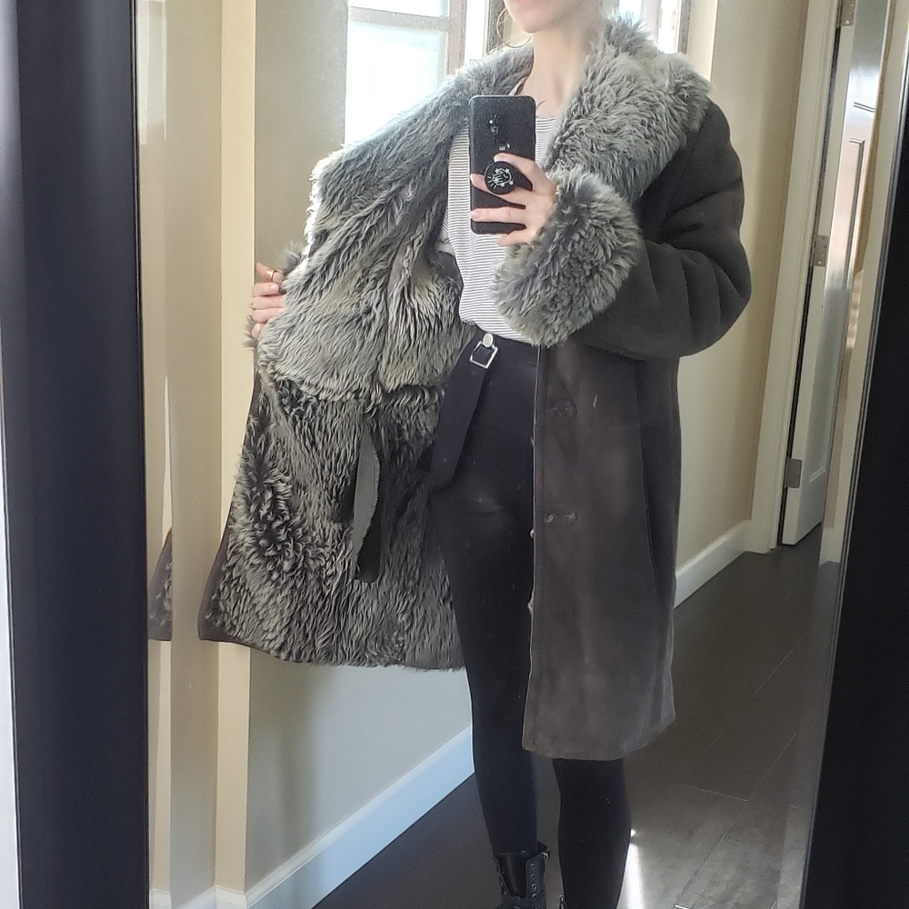 Via Veneto Lamb Shearling Leather Suede Fur Coat - Picture 12 of 14